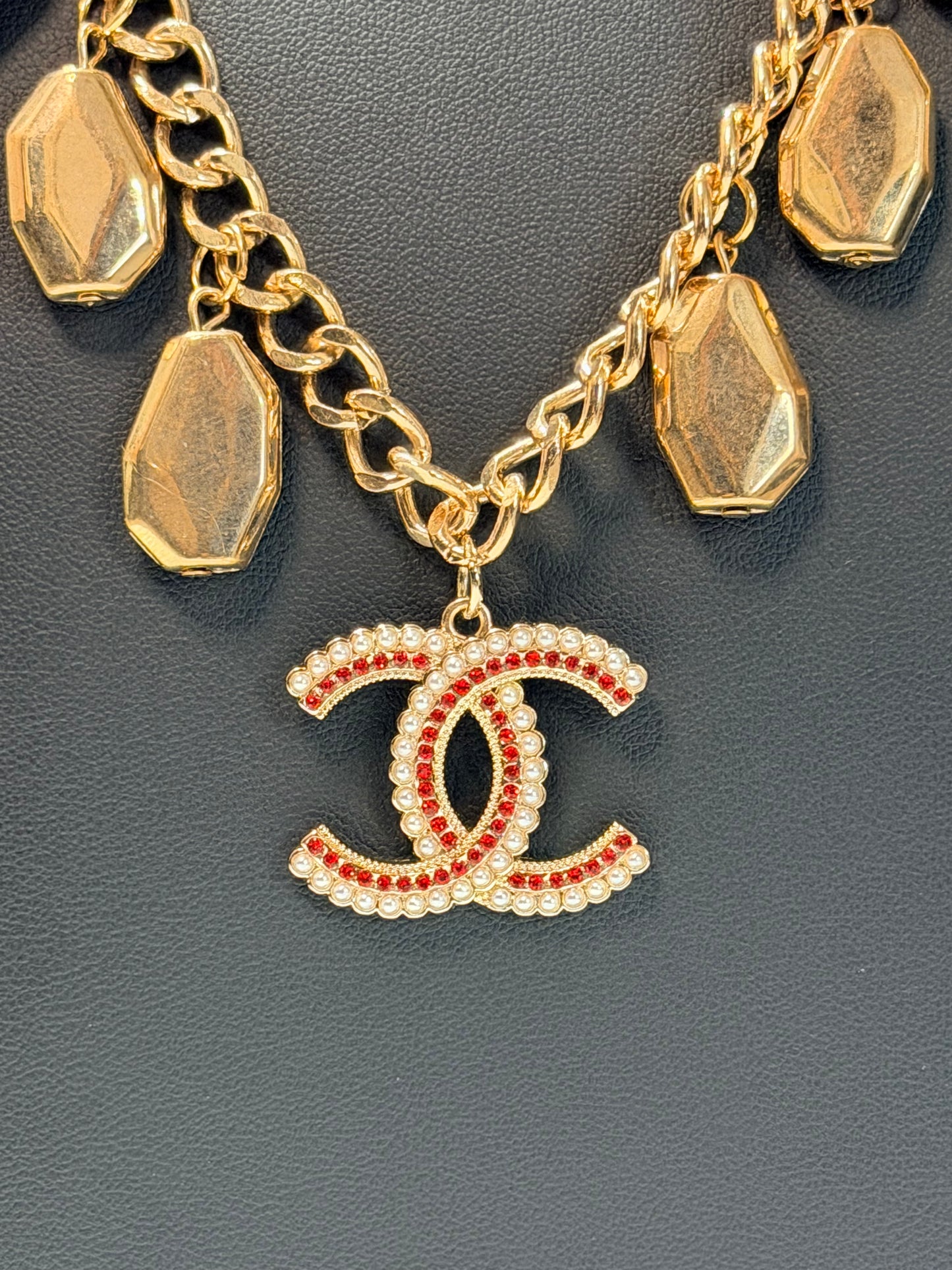 Gold, Red and pearl CC necklace