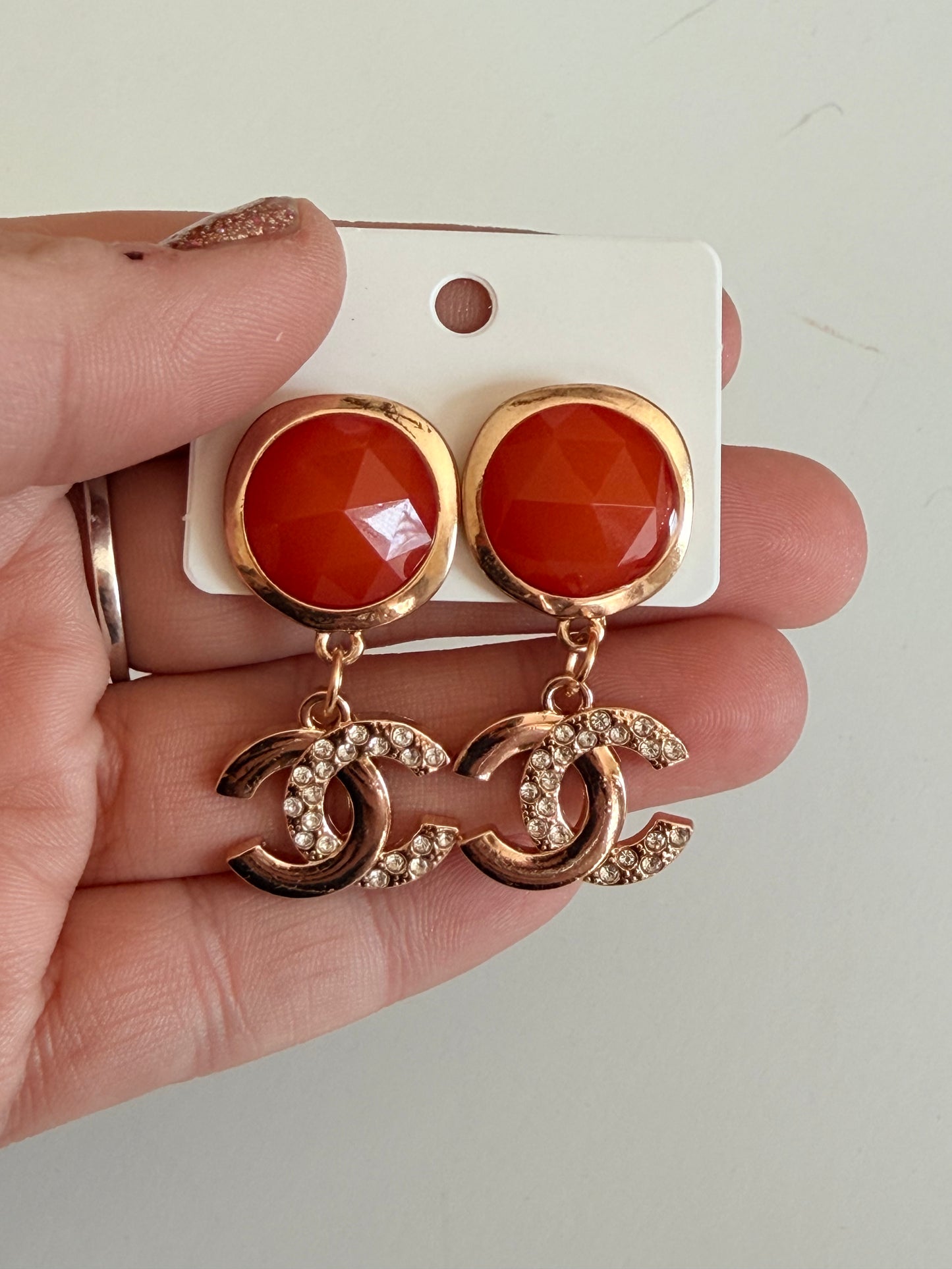Gold CC rhinestone dangles