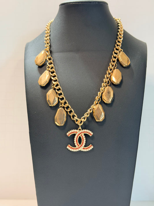 Gold, Red and pearl CC necklace